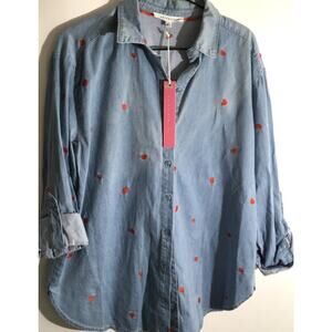Jane + Delancey Women’s M Blue Button-Up Shirt Red Heart Print Valentines Day
